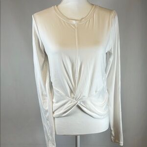 Zobha Laura Twist Front Long Sleeve Top White Knit Athleisure Yoga Tee Size M